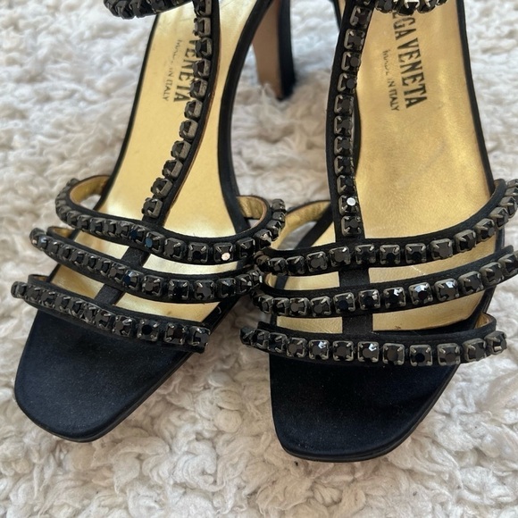 Bottega Veneta rhinestone satin ankle t strap black strappy vintage heels… - Picture 15 of 17